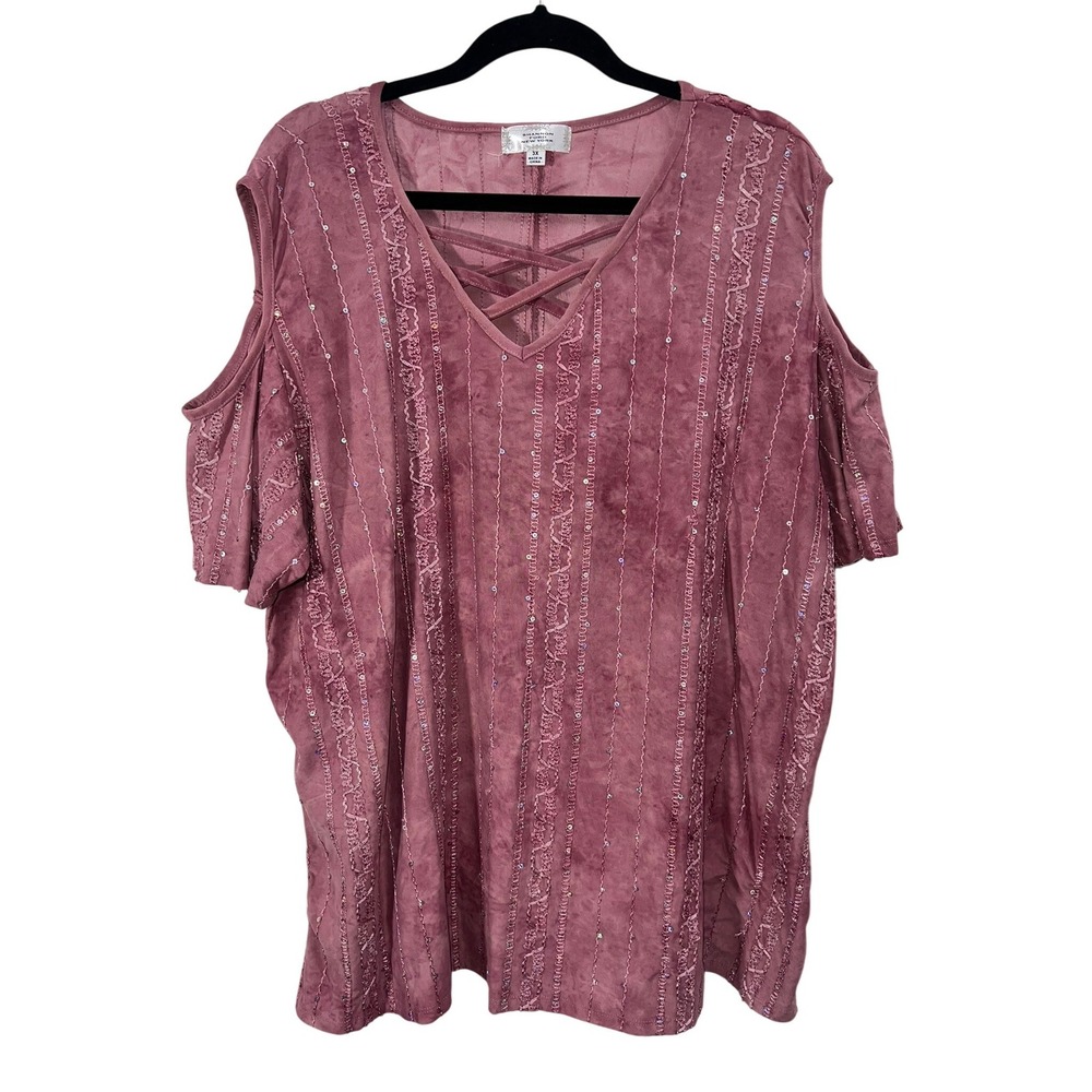 Shannon Ford New York Top 3X Boho Mauve Sequin Lattice Cold Shoulder Blouse
